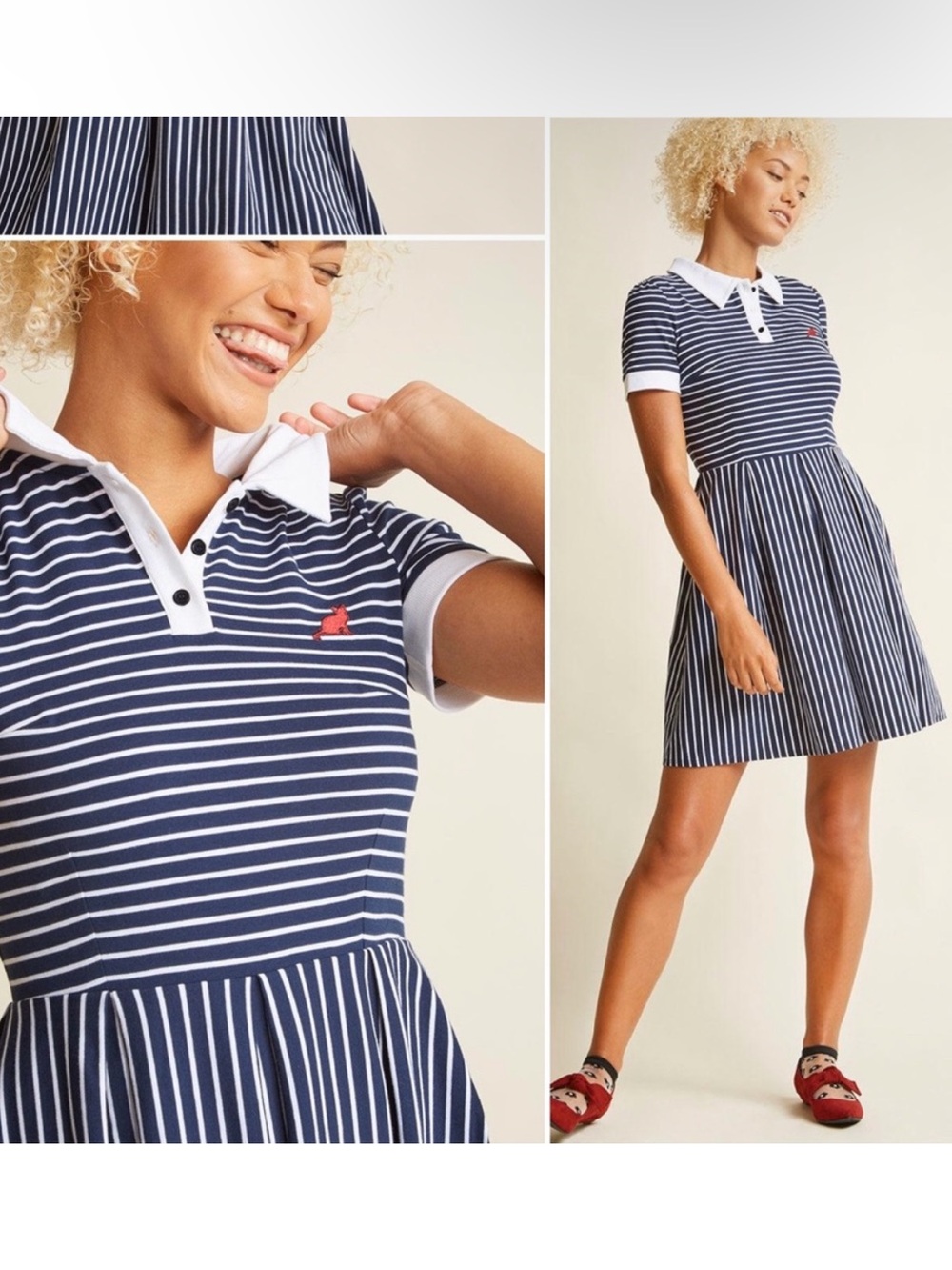 Modcloth Large Cultivated Navy Stripe Collar Mini Dress Preppy 50s Academia - Picture 4 of 9